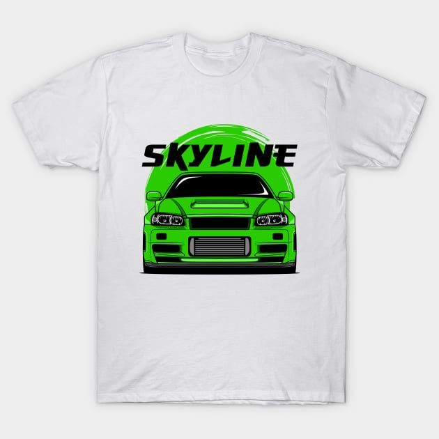 Green Skyline R34 T-Shirt by GoldenTuners